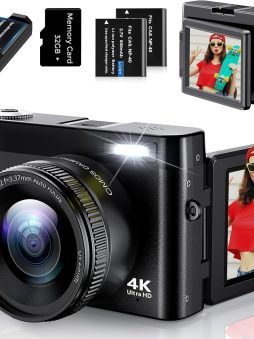 4K Digital Camera for Photography, UHD Autofocus 48MP 180° Flip Screen 16X Zoom Compact Point Shoot Vlogging Camera for YouTube with 2 Batteries, 32GB Card (Black)